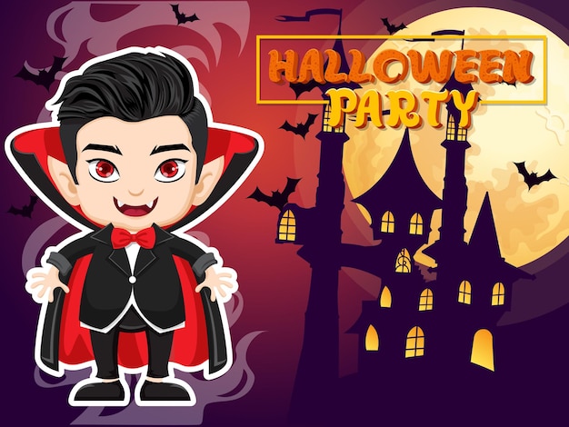 Vector personaje de halloween de dibujos animados de vampiros con efectos de texto de fiesta de halloween ilustración vectorial