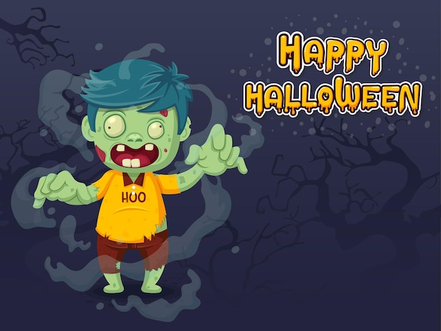 Personaje de halloween de dibujos animados zombie con efectos de texto de halloween feliz ilustración vectorial