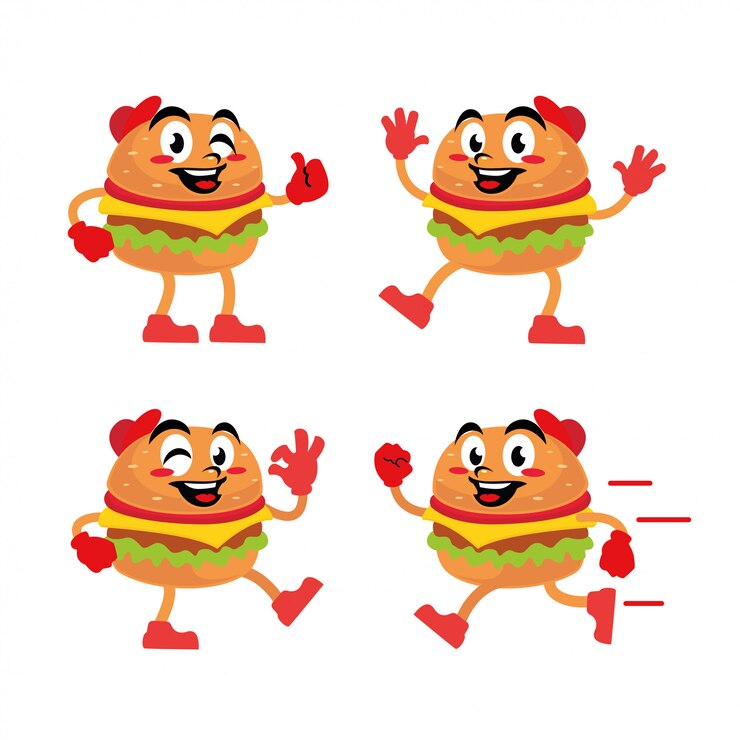 Vector personaje de hamburguesa mascota etiqueta engomada de la historieta