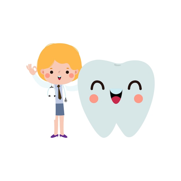 El personaje de happy dentist with tooth es una ilustración vectorial de estilo plano de dibujos animados en fondo blanco.