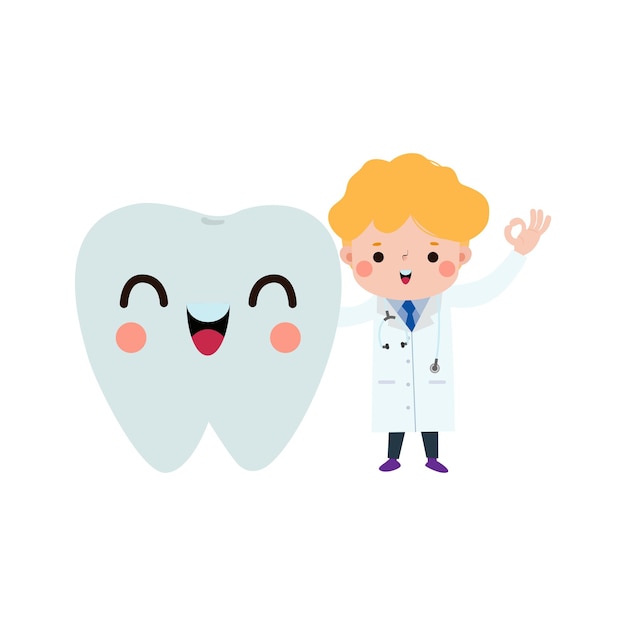 El personaje de happy dentist with tooth es una ilustración vectorial de estilo plano de dibujos animados en fondo blanco.