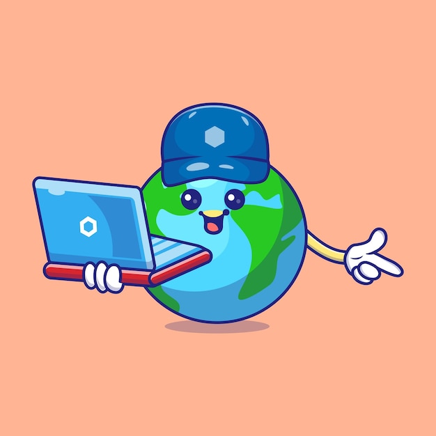 El personaje de Happy Earth usando una computadora portátil trabajando en línea en la red global