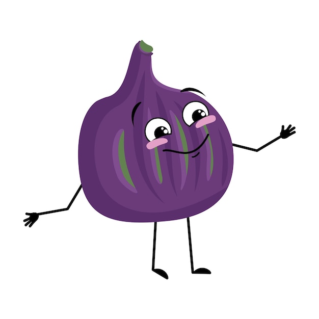 Personaje de higo con emoción feliz cara alegre sonrisa ojos brazos y piernas Persona con expresión emoticono de fruta violeta Vector ilustración plana