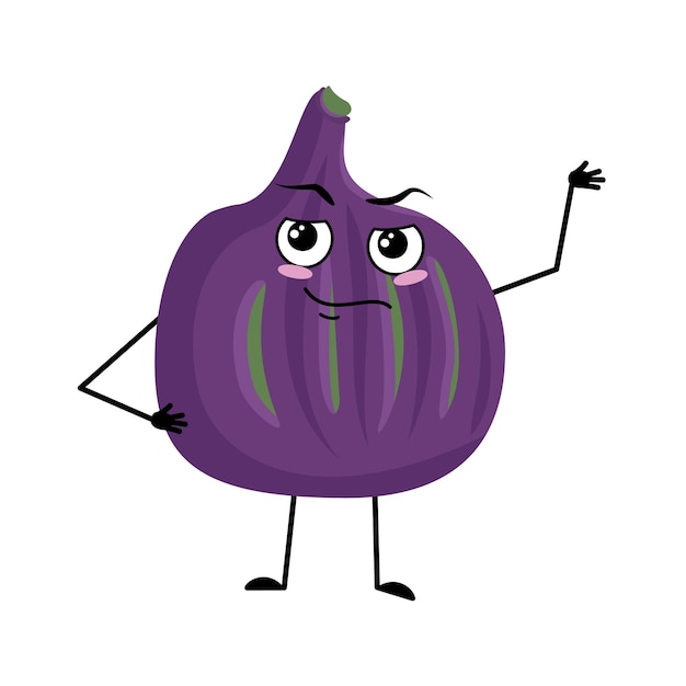 Personaje de higo con emociones de héroe cara valiente brazos y piernas Persona con expresión de coraje emoticono de fruta violeta Vector ilustración plana