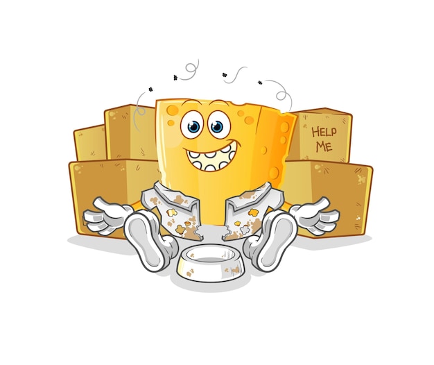 Personaje sin hogar de queso. vector de mascota de dibujos animados