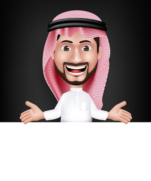 Personaje de hombre árabe saudí guapo sonriente realista en 3D posando con vestido Thobe