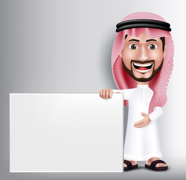 Personaje de hombre árabe saudí guapo sonriente realista en gesto de pose 3D con vestido Thobe