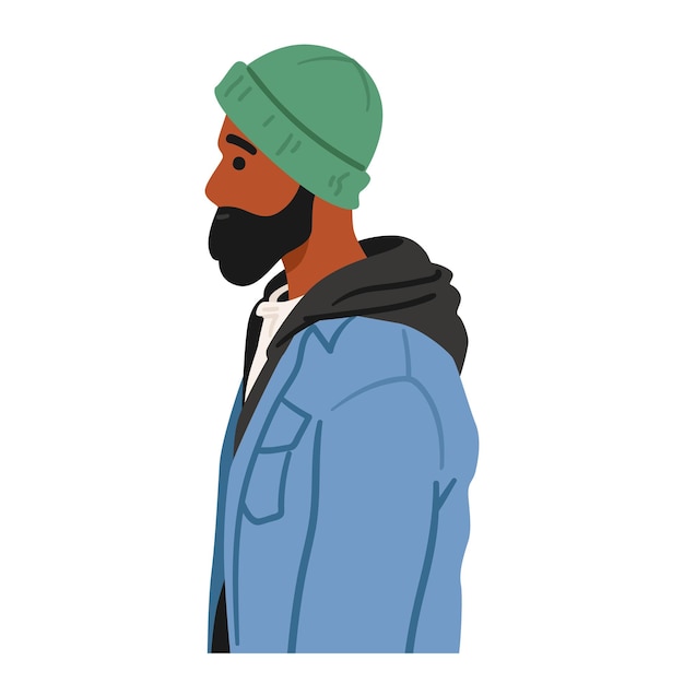 Vector personaje de hombre de barba negra con piel marrón y ropa hipster se encuentra de perfil con sus rasgos cincelados en una silueta decidida que exuda un aire de fuerza silenciosa, personas de dibujos animados, ilustración vectorial