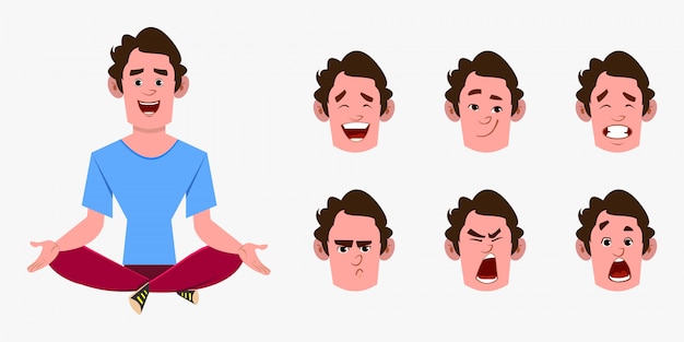 Personaje de hombre casual de dibujos animados haciendo yoga o meditación de relajación.