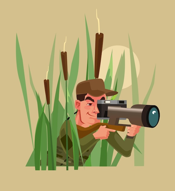 Vector personaje de hombre cazador de fotos sentado en el arbusto y tomando fotos de animales