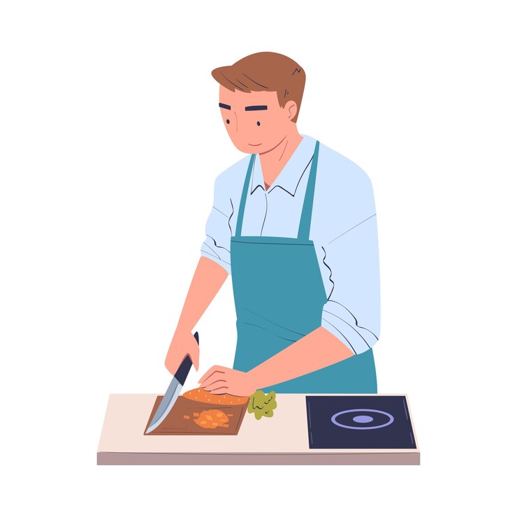 Vector personaje de hombre cocinando en casa de pie en la mesa cortando zanahorias con un cuchillo ilustración vectorial