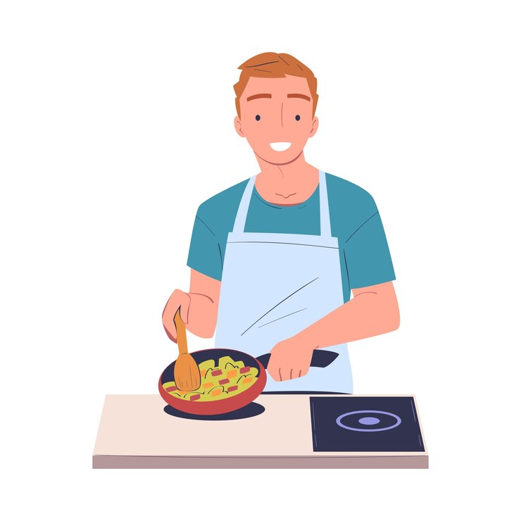 Vector personaje de hombre cocinando en casa de pie en la mesa mezclando verduras en la sartén ilustración vectorial