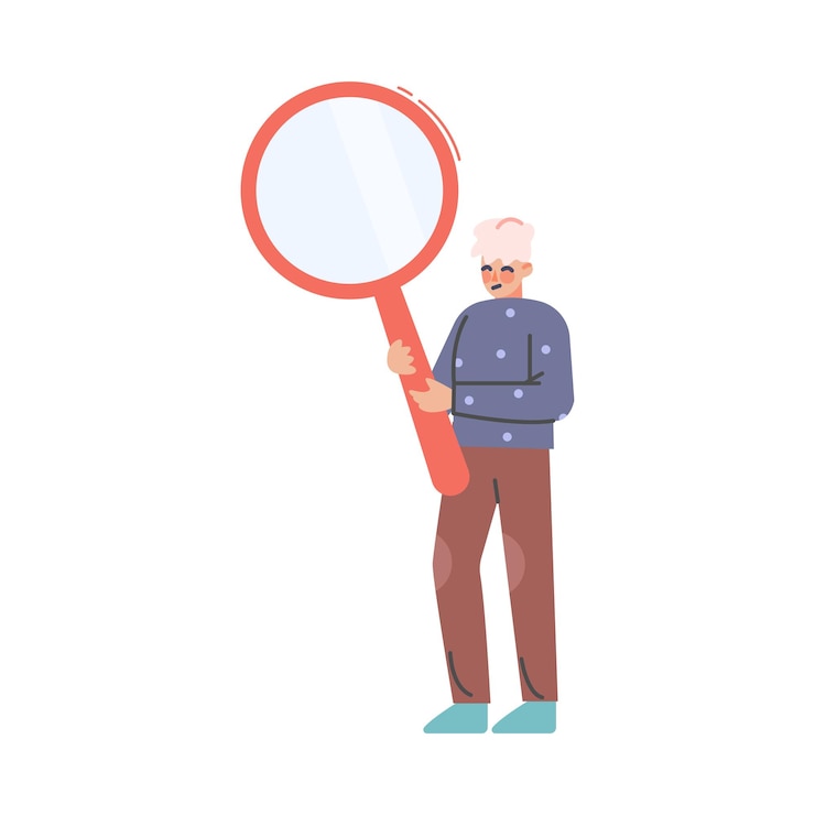 Vector personaje de hombre desconcertado sosteniendo una enorme lupa haciendo preguntas buscando respuestas ilustración vectorial