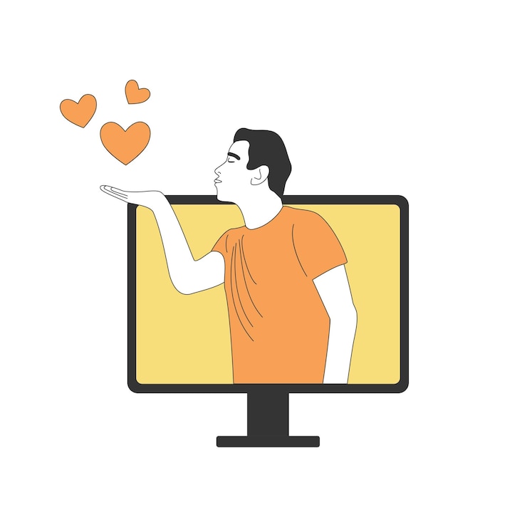 Vector personaje de hombre enviando corazones de beso de aire soplado desde la pantalla comentarios positivos mensaje de amor de citas en línea