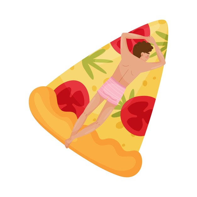 Personaje de hombre flotando en una balsa inflable de goma en forma de pizza en la ilustración vectorial de la piscina