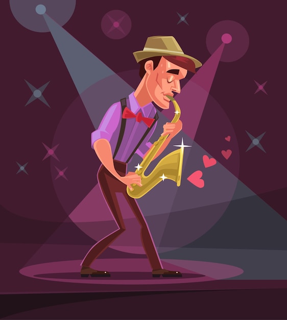 El personaje del hombre de jazz juega solo en la ilustración de dibujos animados del club