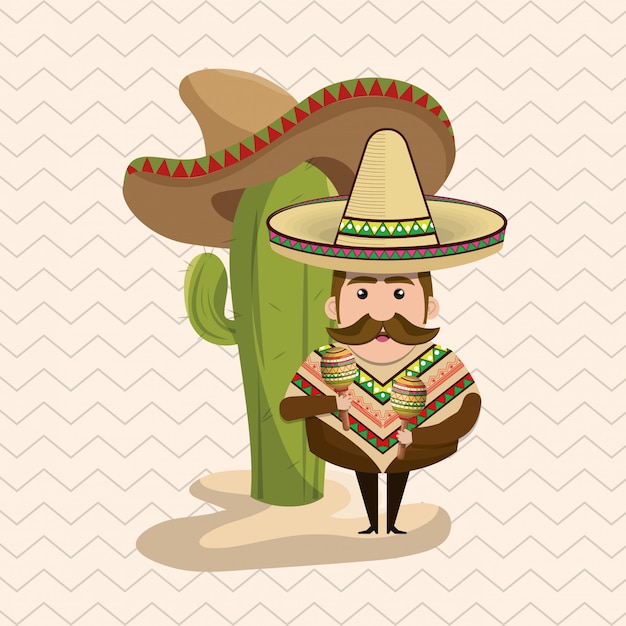 Personaje de hombre mexicano con iconos de cultura