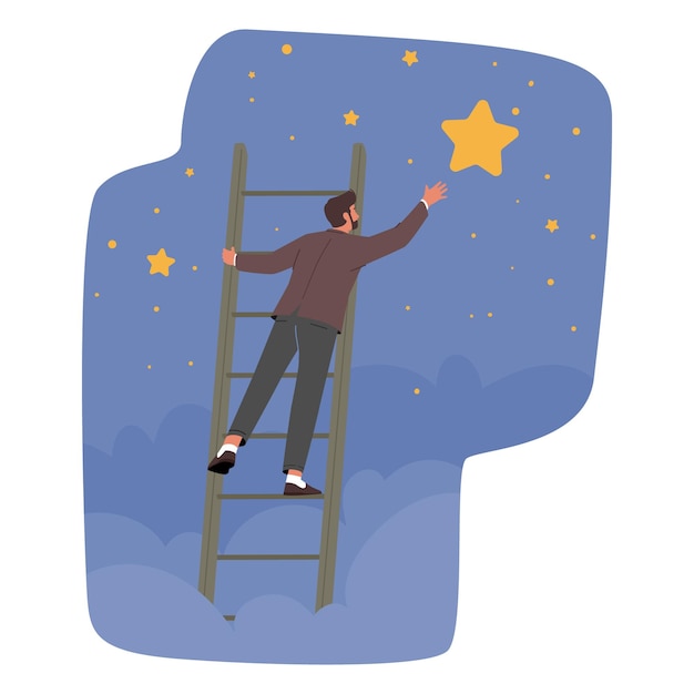 Vector el personaje del hombre de negocios sube la escalera toma una estrella de la persona del cielo para lograr la meta o el hombre de los sueños asciende por las escaleras