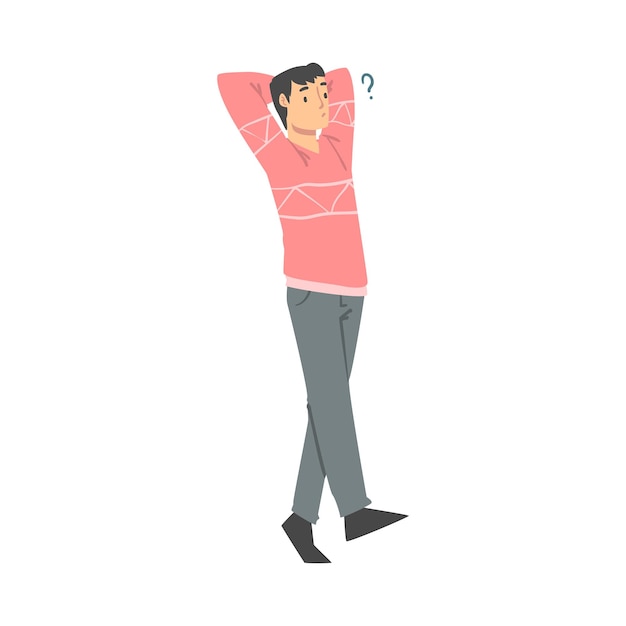 Personaje de hombre pensativo y signo de pregunta Pensando en la ilustración del vector de materia