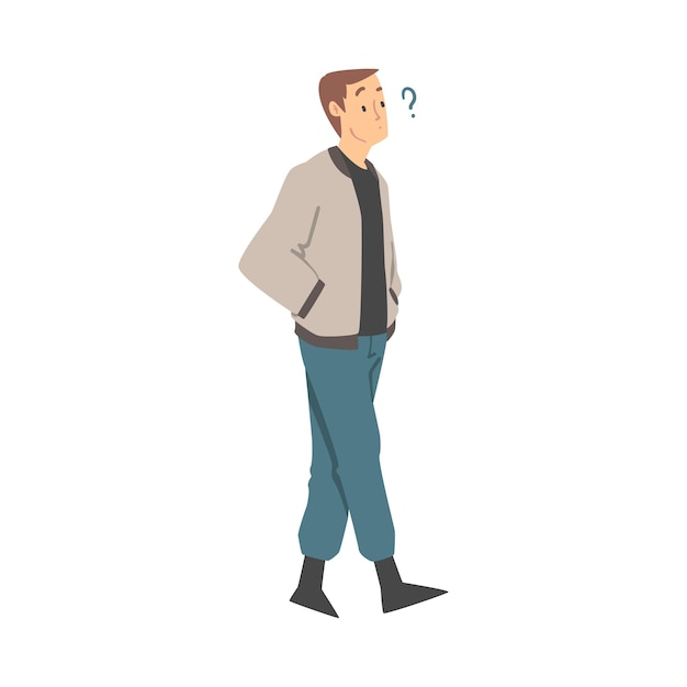 Personaje de hombre pensativo y signo de pregunta Pensando en la ilustración del vector de materia