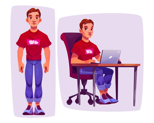 Vector personaje de hombre de pie y sentado con la computadora portátil