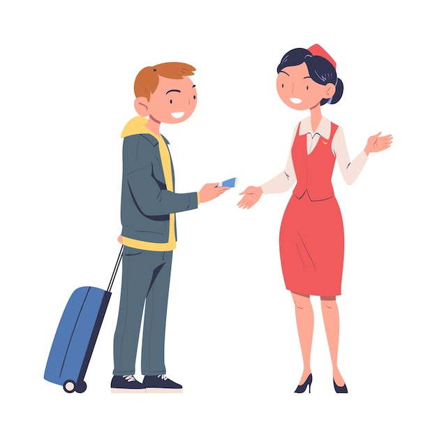 Personaje de hombre en la puerta del aeropuerto con equipaje a bordo del avión con ilustración vectorial del billete