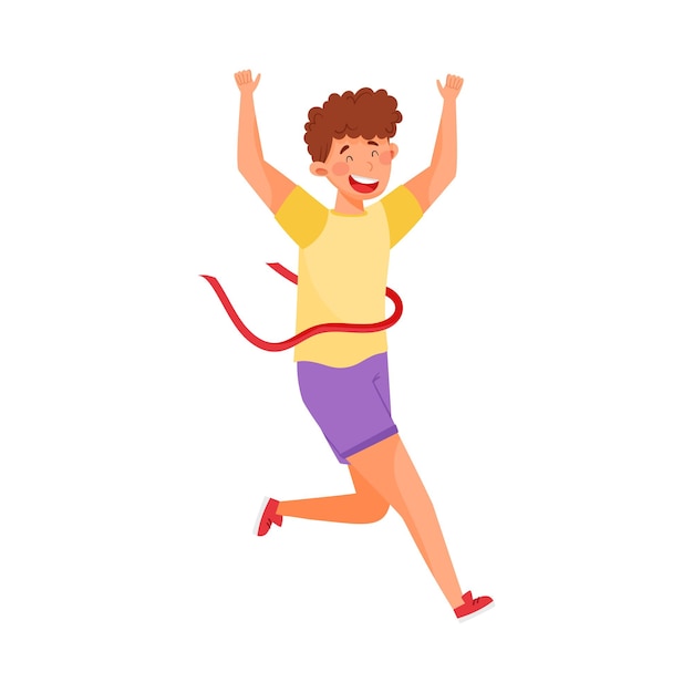 Vector personaje de hombre en ropa deportiva corriendo y cruzando la línea de meta ilustración vectorial