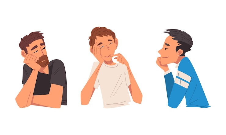 Vector personaje de hombre sonriente mirando a alguien demostrando atención conjunto vectorial de media longitud