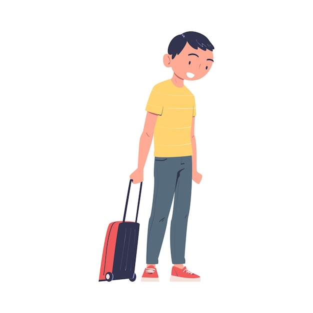 Personaje de hombre sonriente de pie con una maleta en el aeropuerto de embarque ilustración vectorial de avión
