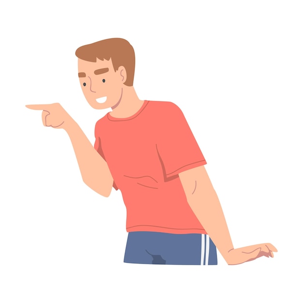 Personaje de hombre sonriente señalando con el dedo índice como ilustración vectorial de gesto de la mano
