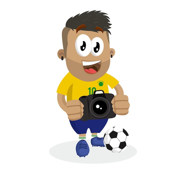 Personaje Hombres Fútbol Logotipo amarillo mascota con postura de la cámara
