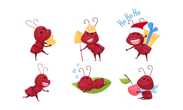 El personaje de la hormiga linda durmiendo en la hoja y comiendo el conjunto vectorial de cerezas