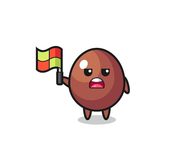 Personaje de huevo de chocolate como juez de línea levantando la bandera