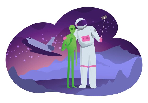 Personaje humano cosmonauta de pie tomar una selfie con alienígenas humanoides futuro de la tecnología cósmica dibujos animados
