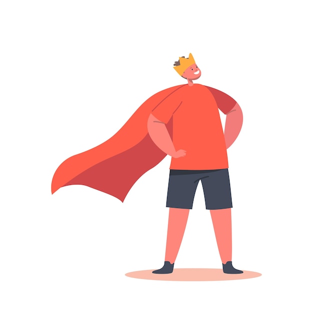 Personaje infantil con capa roja de superhéroe y soporte de corona con brazos Akimbo. Niño superhéroe jugando, imaginación infantil