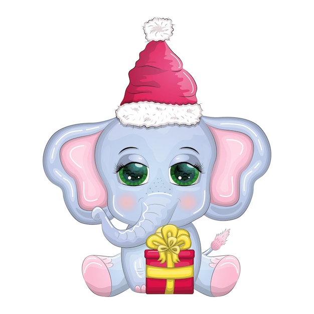 Personaje infantil de elefante de dibujos animados lindo con hermosos ojos con bufanda de sombrero de santa con bola de navidad de regalo