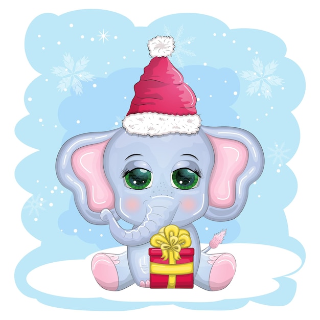 Personaje infantil de elefante de dibujos animados lindo con hermosos ojos con bufanda de sombrero de santa con bola de navidad de regalo