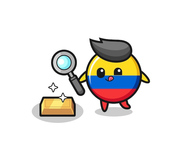 El personaje de la insignia de la bandera de colombia está comprobando la autenticidad del lingote de oro