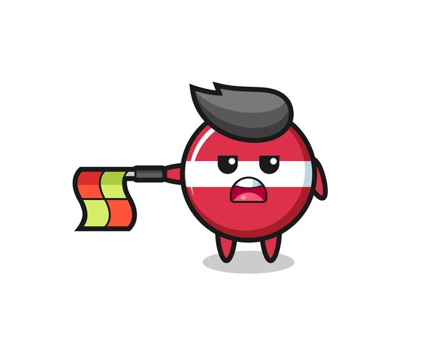 El personaje de la insignia de la bandera de Letonia como juez de línea sostiene la bandera recta horizontalmente