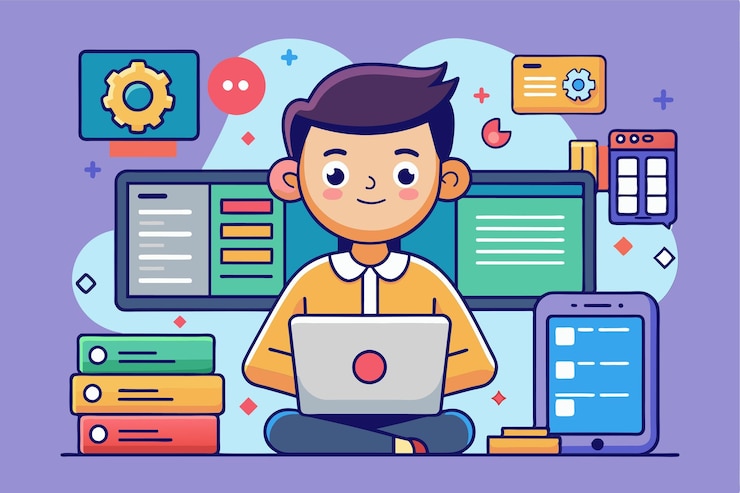 Vector un personaje se involucra con una computadora portátil en medio de coloridas herramientas digitales y archivos en un entorno vibrante ilustración de dibujos animados personalizable de código abierto