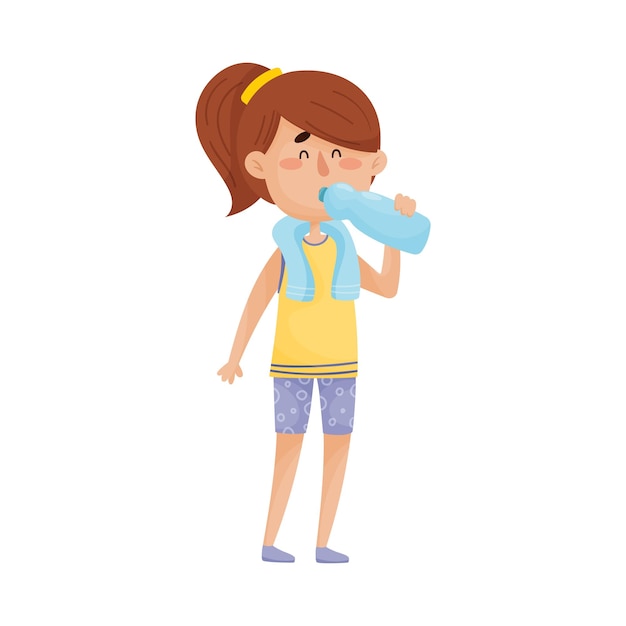 Personaje de una joven de cabello oscuro de pie y bebiendo agua tranquila de una ilustración vectorial de botella