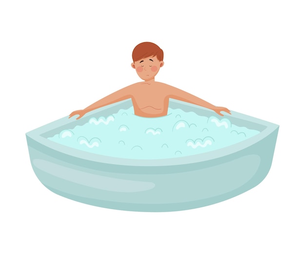 Personaje de un joven descansando en una bañera con espuma para reducir el estrés Ilustración vectorial