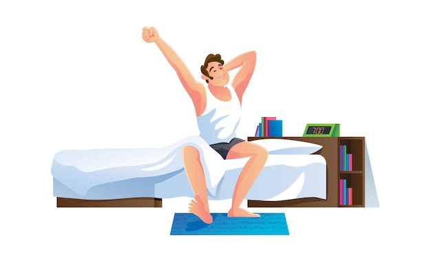 Vector el personaje del joven se despierta después de dormir en casa va a trabajar comienzo de la actividad humana del buen día hombre sentado en el borde de la cama levantando las manos ilustración aislada en estilo de dibujos animados