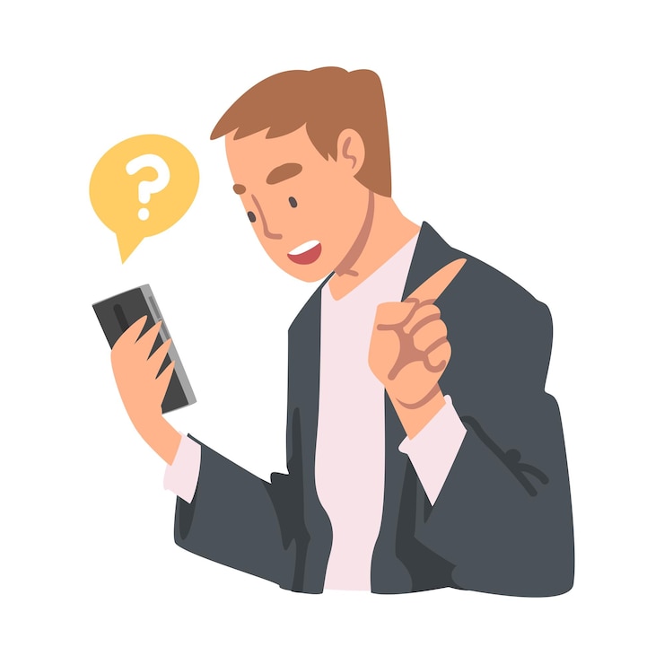 Vector personaje joven haciendo preguntas usando el sistema de búsqueda de internet en su ilustración vectorial de teléfono inteligente