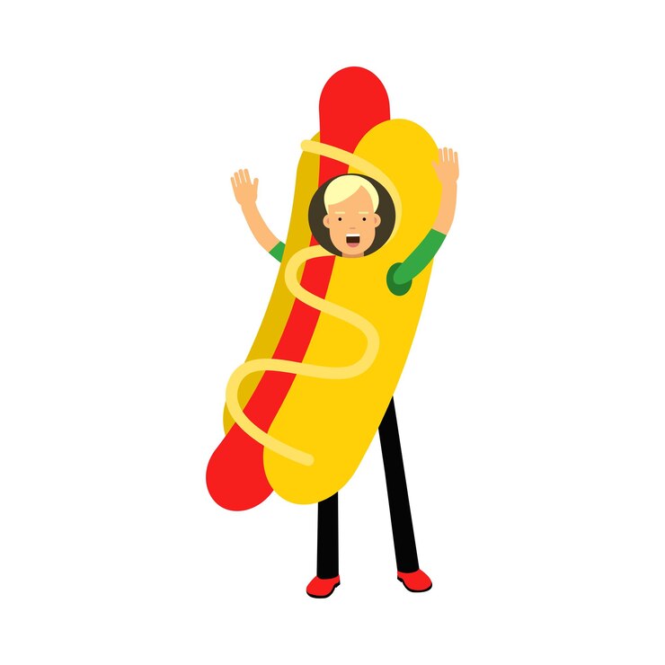 Vector personaje joven rubio de pie con disfraz de perrito caliente y agitando las manos ilustración vectorial