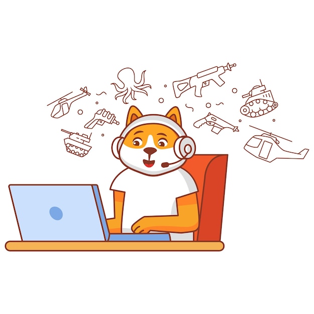 Vector el personaje del juego es un niño perro con auriculares jugando videojuegos en la computadora el jugador infantil disfruta en la ordenador