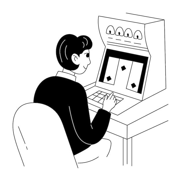 Un personaje jugando en la ilustración de la máquina de casino en estilo glifo