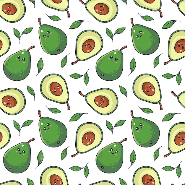 El personaje de Kawaii Avocado, entero y cortado, tiene un patrón sin costuras, una ilustración vectorizada dibujada a mano, estilo manga de dibujos animados.