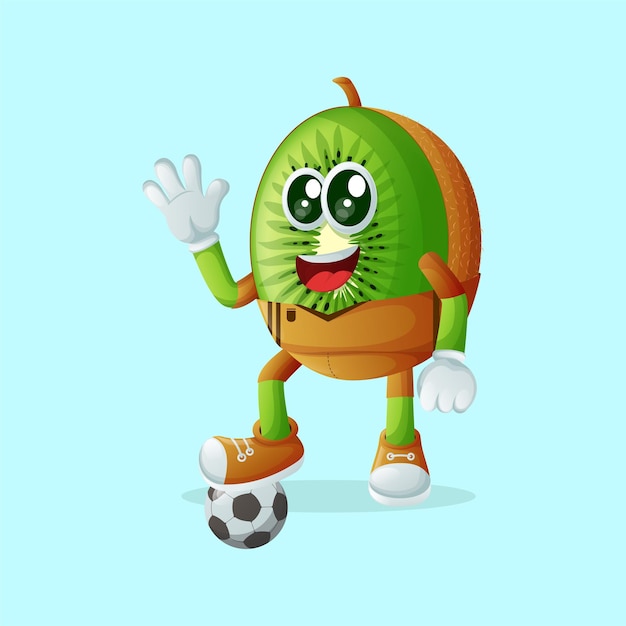 Vector personaje kiwi pateando una pelota de fútbol perfecto para promoción de pancartas adhesivas y productos para niños