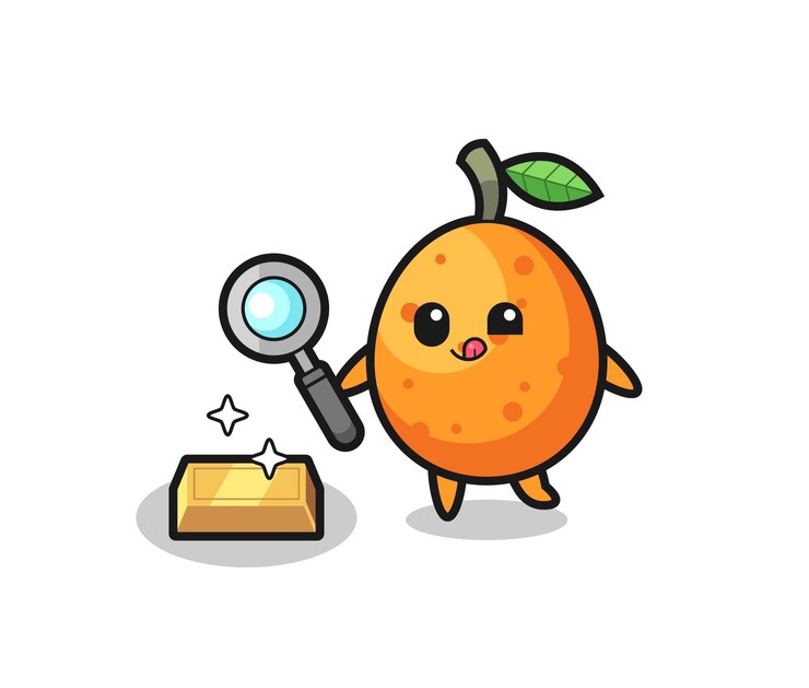 Vector el personaje de kumquat está verificando la autenticidad del lingote de oro, diseño de estilo lindo para camiseta, pegatina, elemento de logotipo